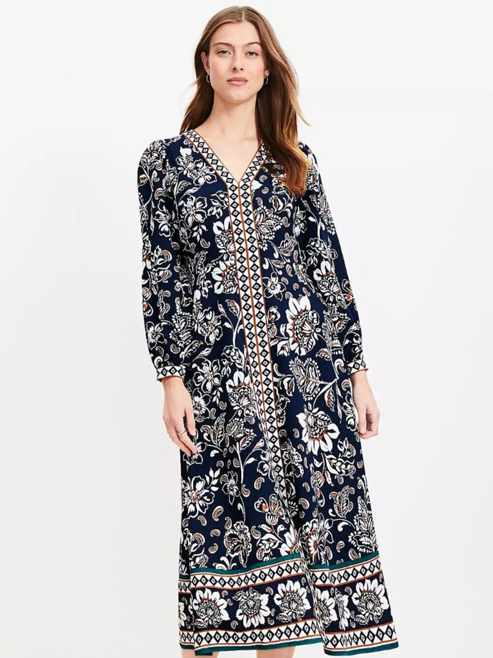 LOFT Border V-Neck Midi Dress, size 4, NWT